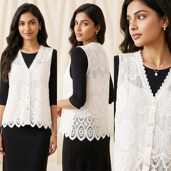 Premium Quality Sleeveless Lace Waistcoat - Image 3